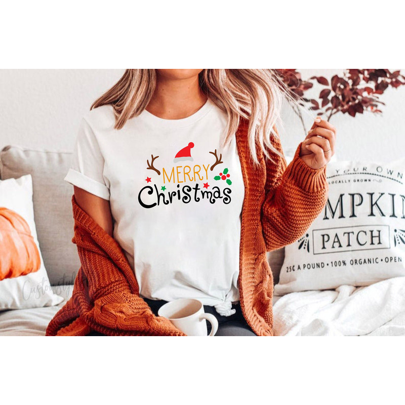 Merry Christmas Santa Hat Reindeer Shirt Cute Christmas T-shirt Christmas Tshirt Women's Christmas Shirt Holiday Christmas T shirts - 9.jpg