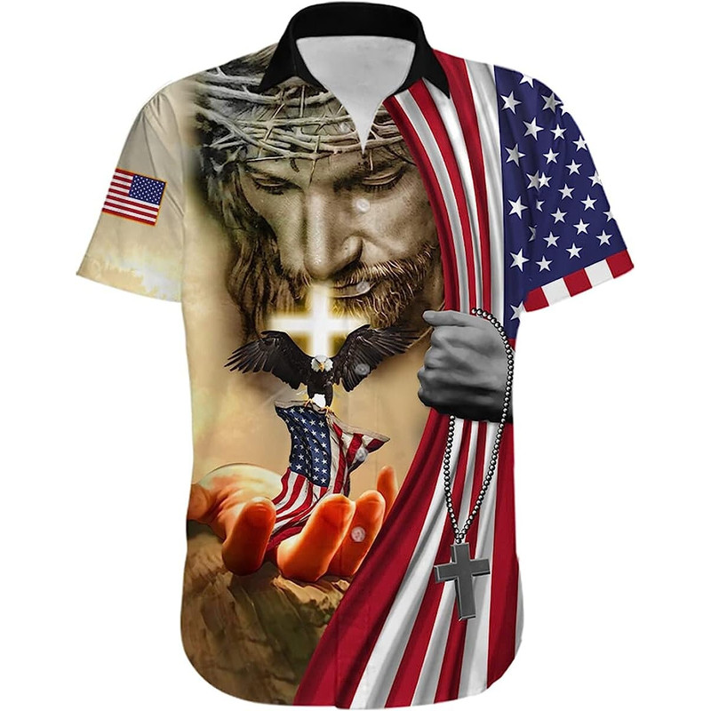 One Nation Under God American Eagle Shirts for Men- Patriotic Jesus Flag 1776 Button Up Short Sleeve Men's Hawaiian - 3.jpg