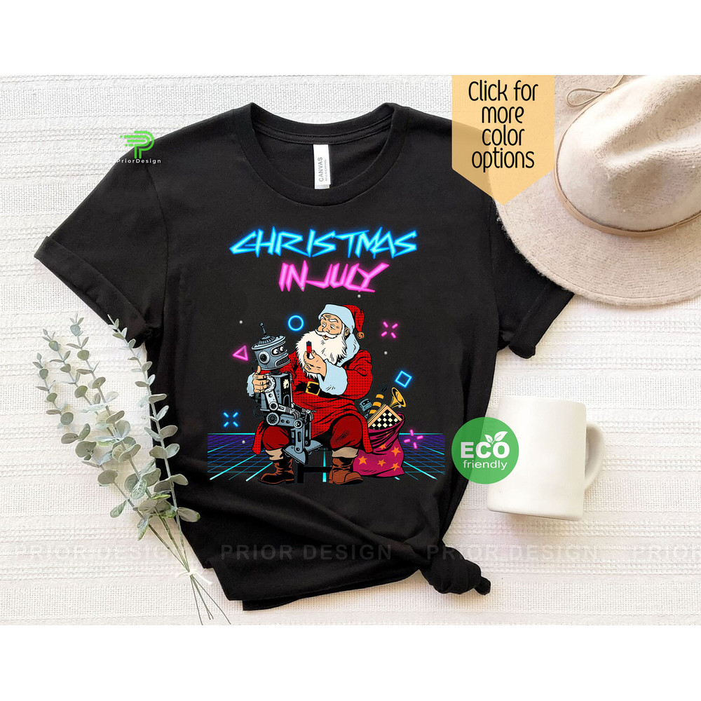 Retro Cyberpunk Santa Clause July Christmas Tshirt, 80s Futuristic Santa and Robot Xmas in July Shirt, Tropical Hawaiian Christmas Tee - 1.jpg