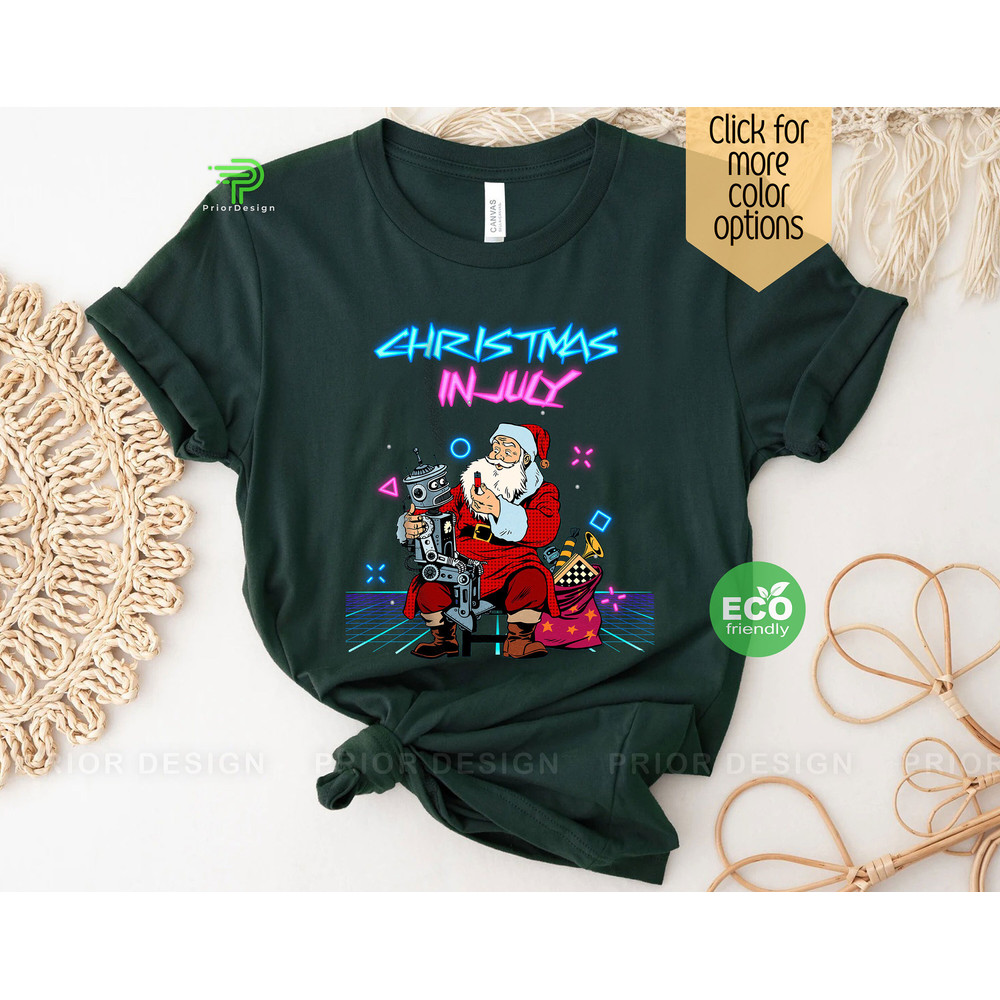 Retro Cyberpunk Santa Clause July Christmas Tshirt, 80s Futuristic Santa and Robot Xmas in July Shirt, Tropical Hawaiian Christmas Tee - 2.jpg