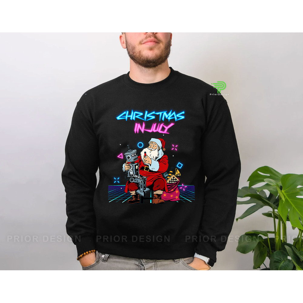 Retro Cyberpunk Santa Clause July Christmas Tshirt, 80s Futuristic Santa and Robot Xmas in July Shirt, Tropical Hawaiian Christmas Tee - 3.jpg