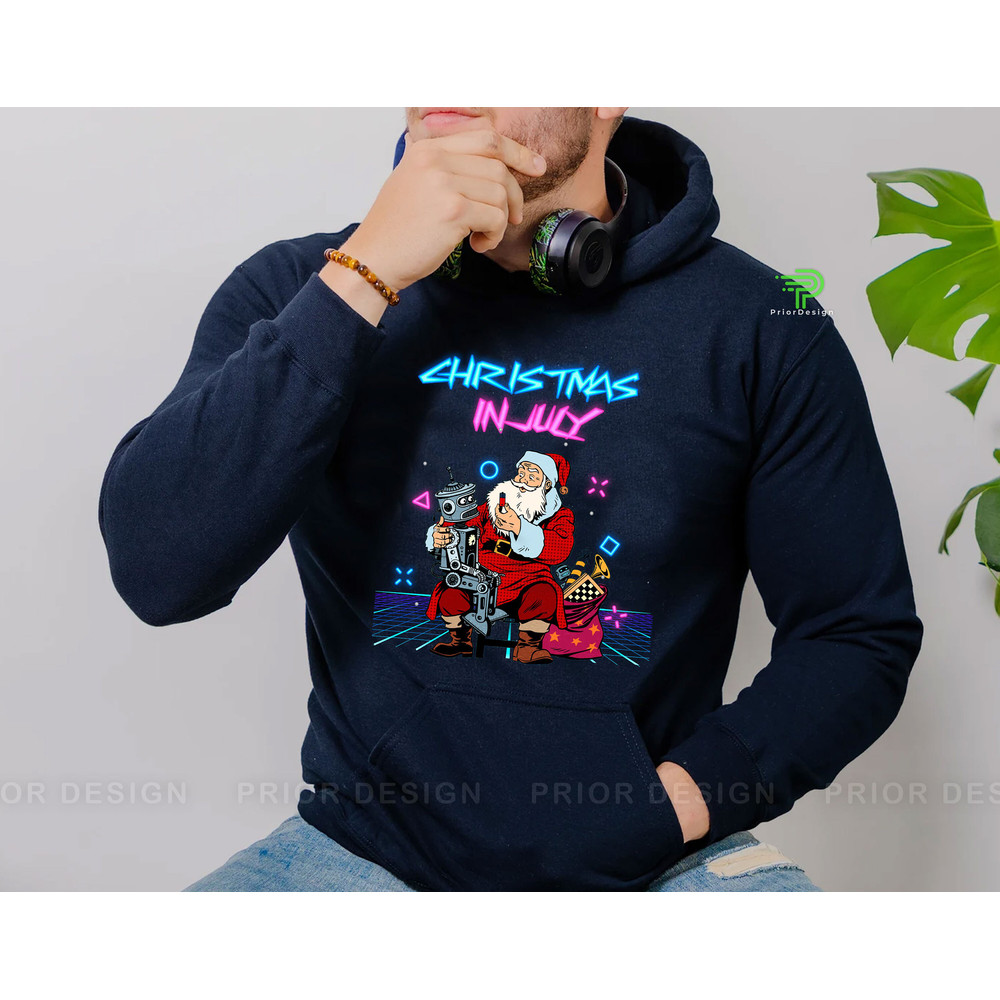 Retro Cyberpunk Santa Clause July Christmas Tshirt, 80s Futuristic Santa and Robot Xmas in July Shirt, Tropical Hawaiian Christmas Tee - 4.jpg