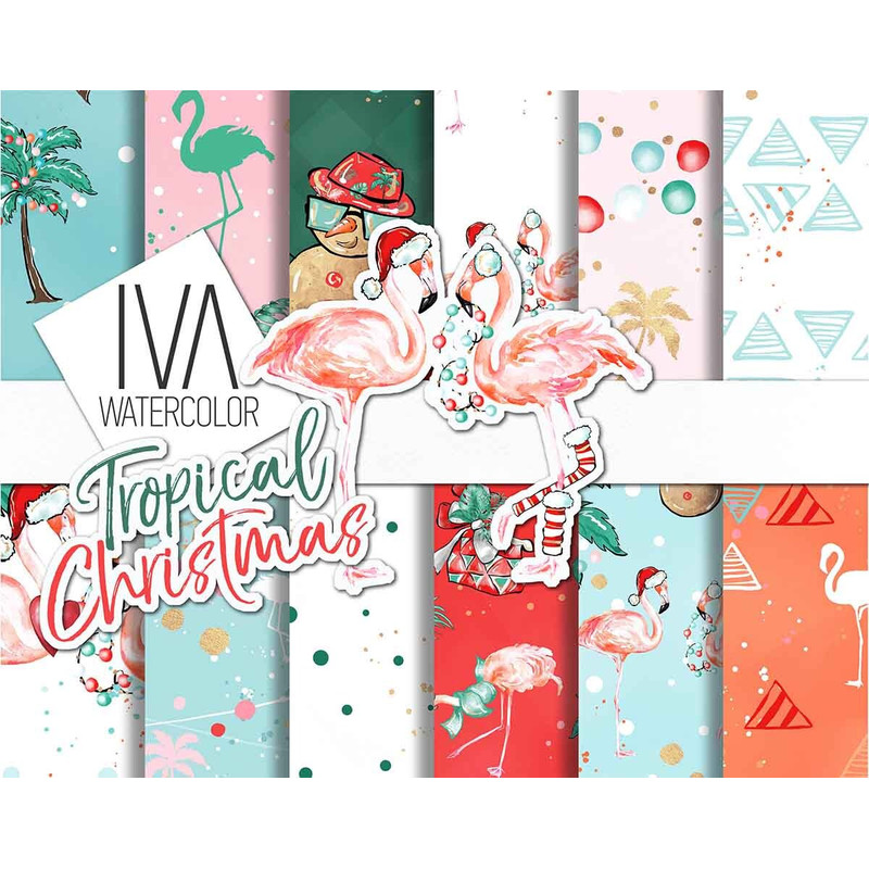 Tropical Christmas Digital Paper Pack, Summer Xmas Patterns, Cute Flamingo Xmas, Seamless Pattern, Flamingo Template, Aussie Christmas - 1.jpg