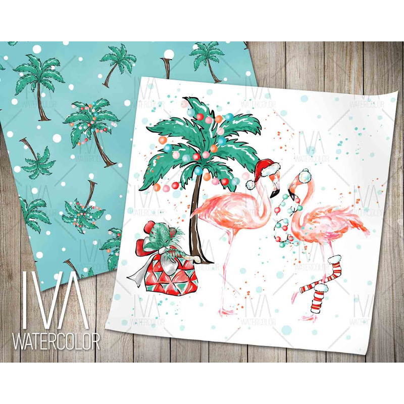 Tropical Christmas Digital Paper Pack, Summer Xmas Patterns, Cute Flamingo Xmas, Seamless Pattern, Flamingo Template, Aussie Christmas - 2.jpg