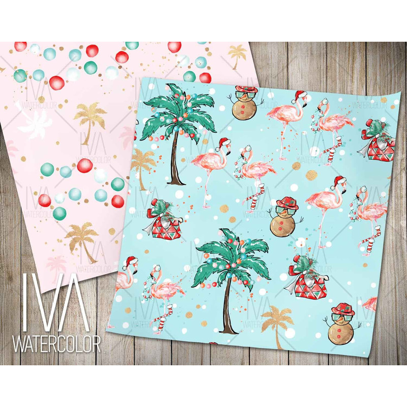 Tropical Christmas Digital Paper Pack, Summer Xmas Patterns, Cute Flamingo Xmas, Seamless Pattern, Flamingo Template, Aussie Christmas - 3.jpg