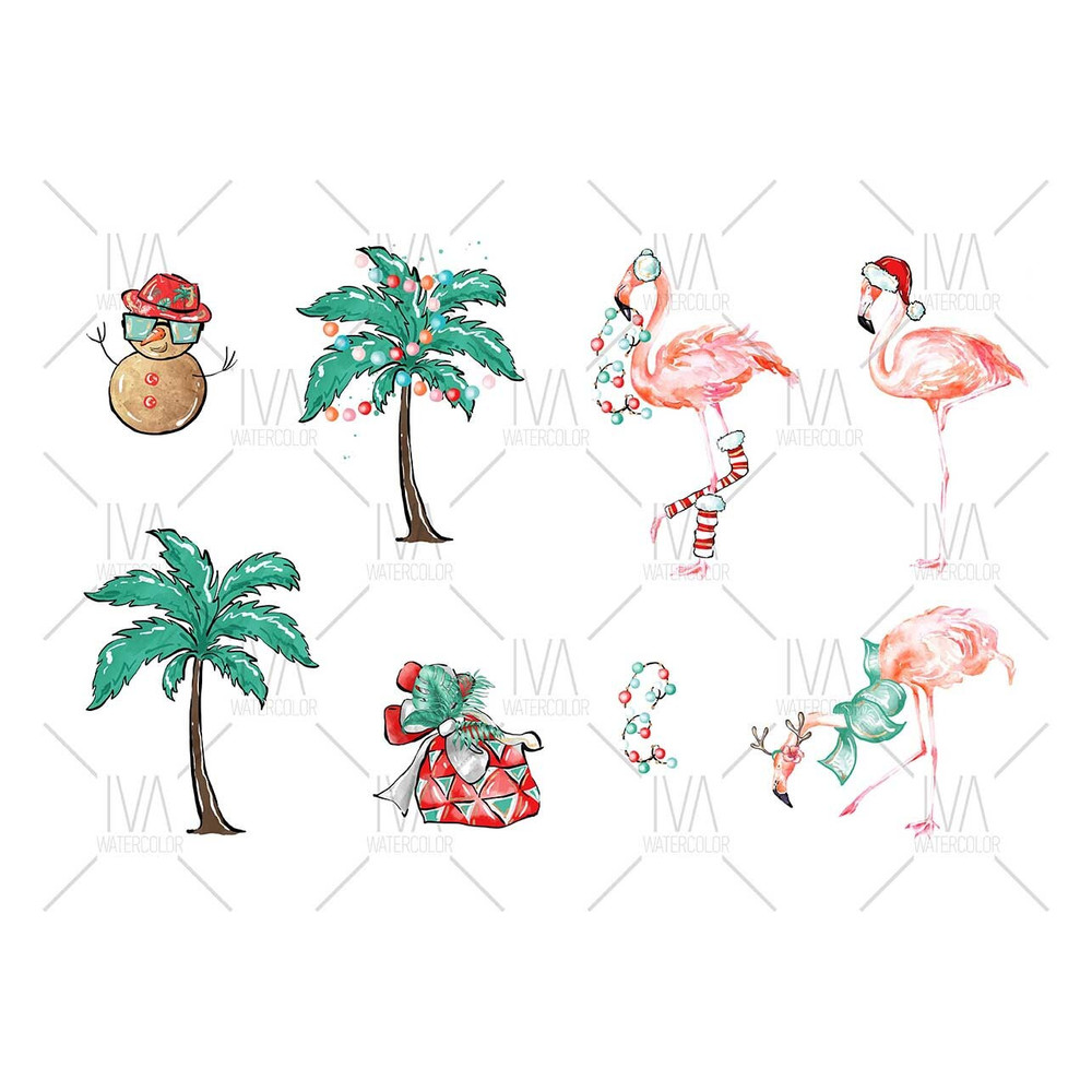 Watercolor Tropical Flamingo Christmas Clipart, Summer Xmas Patterns - 2.jpg