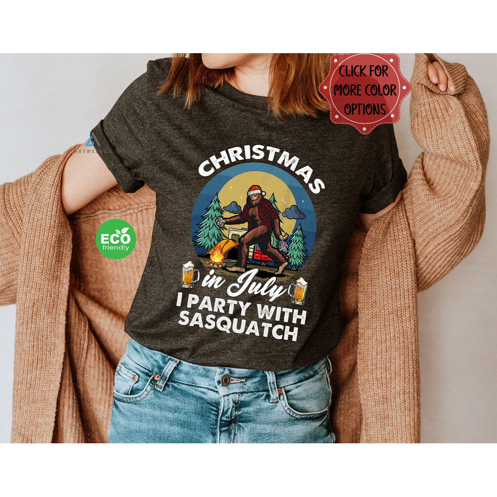 Funny Christmas in July I Party with Sasquatch Tshirt, Vintage Bigfoot Camping and Drinking Beer Shirt, Gift for Camper - 2.jpg