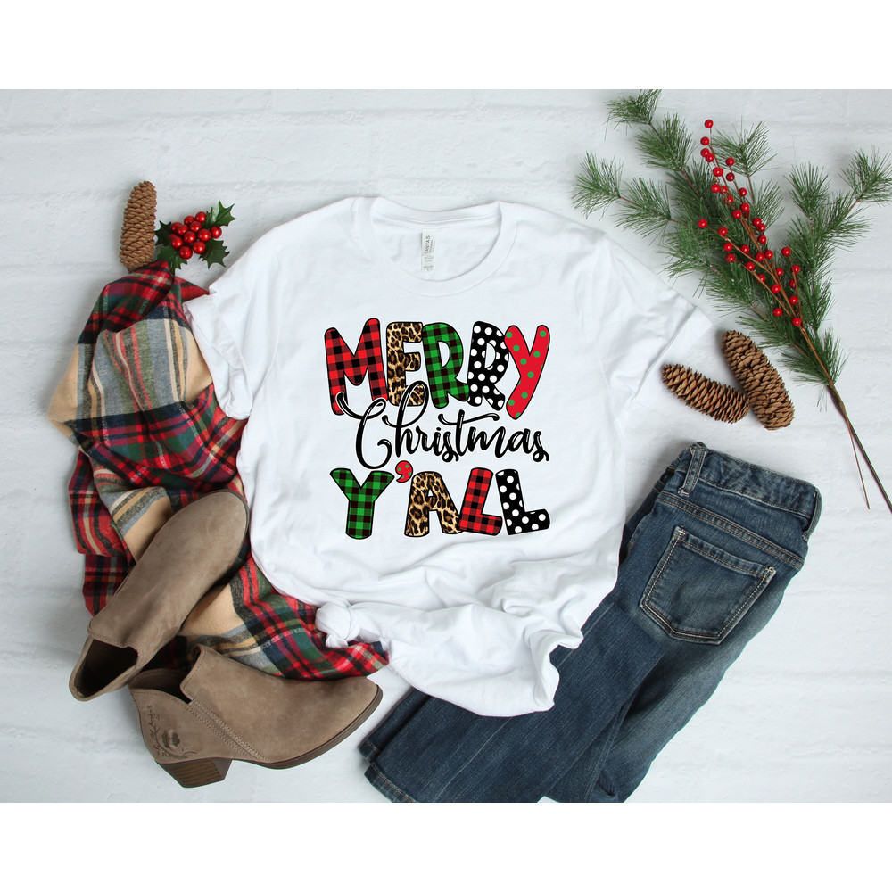 Merry Christmas Yall Leopard Shirt, Buffalo Plaid Christmas Shirt, Christmas Vacation Shirt, Christmas T-shirt, Christmas Family Shirt - 1.jpg