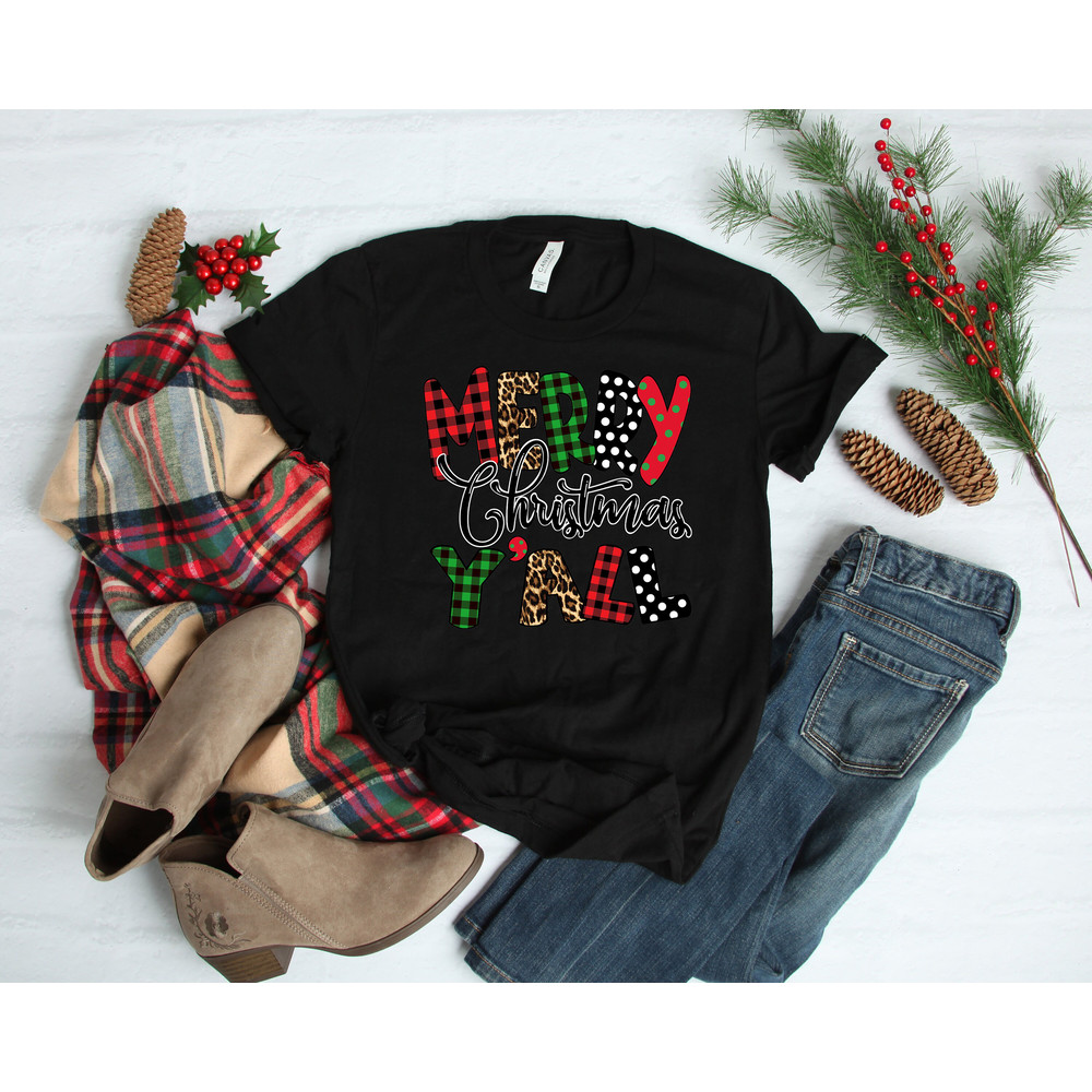 Merry Christmas Yall Leopard Shirt, Buffalo Plaid Christmas Shirt, Christmas Vacation Shirt, Christmas T-shirt, Christmas Family Shirt - 2.jpg