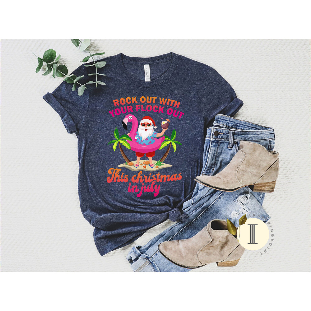 Rock Out with Your Flock Out Christmas in July Flamingo Shirt, Beach Santa, Beach Christmas Shirt, Xmas in Summer Shirt - 3.jpg