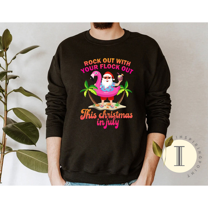 Rock Out with Your Flock Out Christmas in July Flamingo Shirt, Beach Santa, Beach Christmas Shirt, Xmas in Summer Shirt - 5.jpg