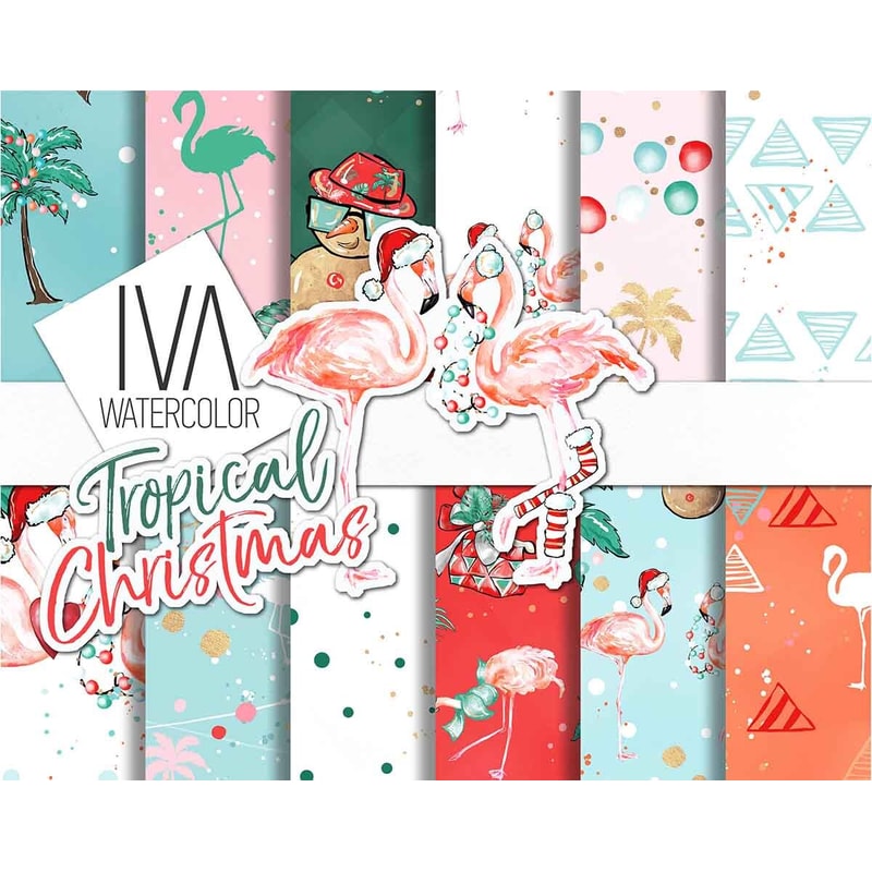 Tropical Christmas Digital Paper Pack, Summer Xmas Patterns, Cute Flamingo Xmas, Seamless Pattern, Flamingo Template, Aussie Christmas - 1.jpg