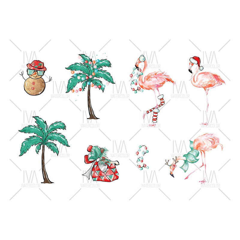 Watercolor Tropical Flamingo Christmas Clipart, Summer Xmas Patterns - 2.jpg