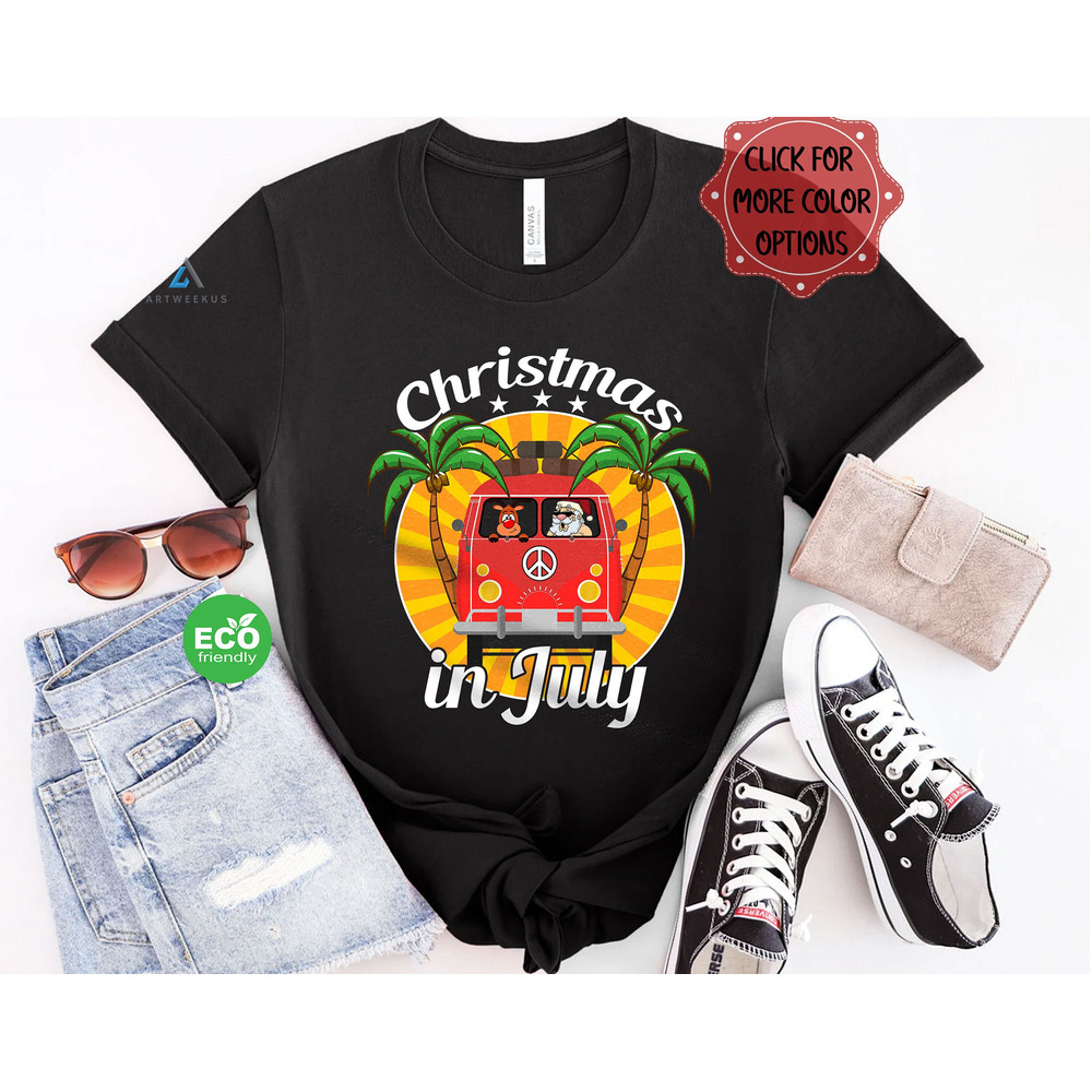 Funny Christmas in July Camper Van Santa and Reindeer Tshirt, Summer Vacation Trip Shirt, July Gift, Xmas in July - 1.jpg
