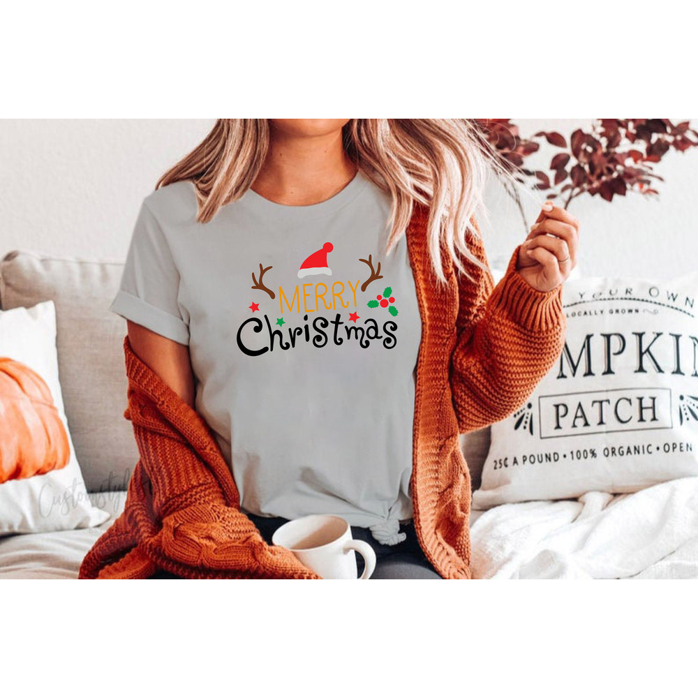 Merry Christmas Santa Hat Reindeer Shirt Cute Christmas T-shirt Christmas Tshirt Women's Christmas Shirt Holiday Christmas T shirts - 4.jpg