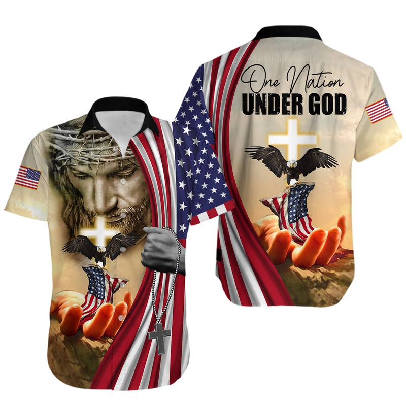 One Nation Under God American Eagle Shirts for Men- Patriotic Jesus Flag 1776 Button Up Short Sleeve Men's Hawaiian - 1.jpg