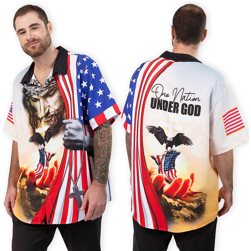 One Nation Under God American Eagle Shirts for Men- Patriotic Jesus Flag 1776 Button Up Short Sleeve Men's Hawaiian - 2.jpg