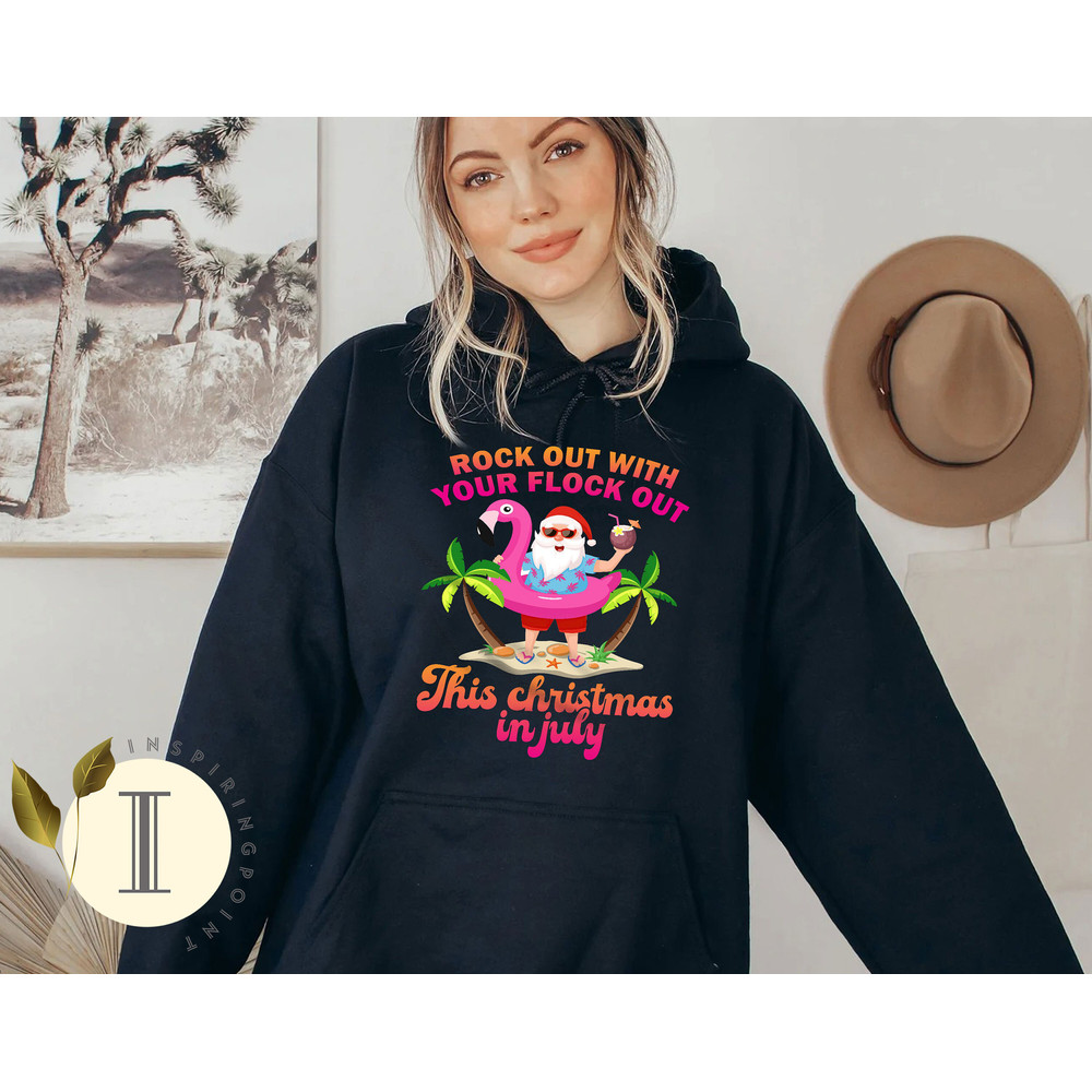 Rock Out with Your Flock Out Christmas in July Flamingo Shirt, Beach Santa, Beach Christmas Shirt, Xmas in Summer Shirt - 4.jpg