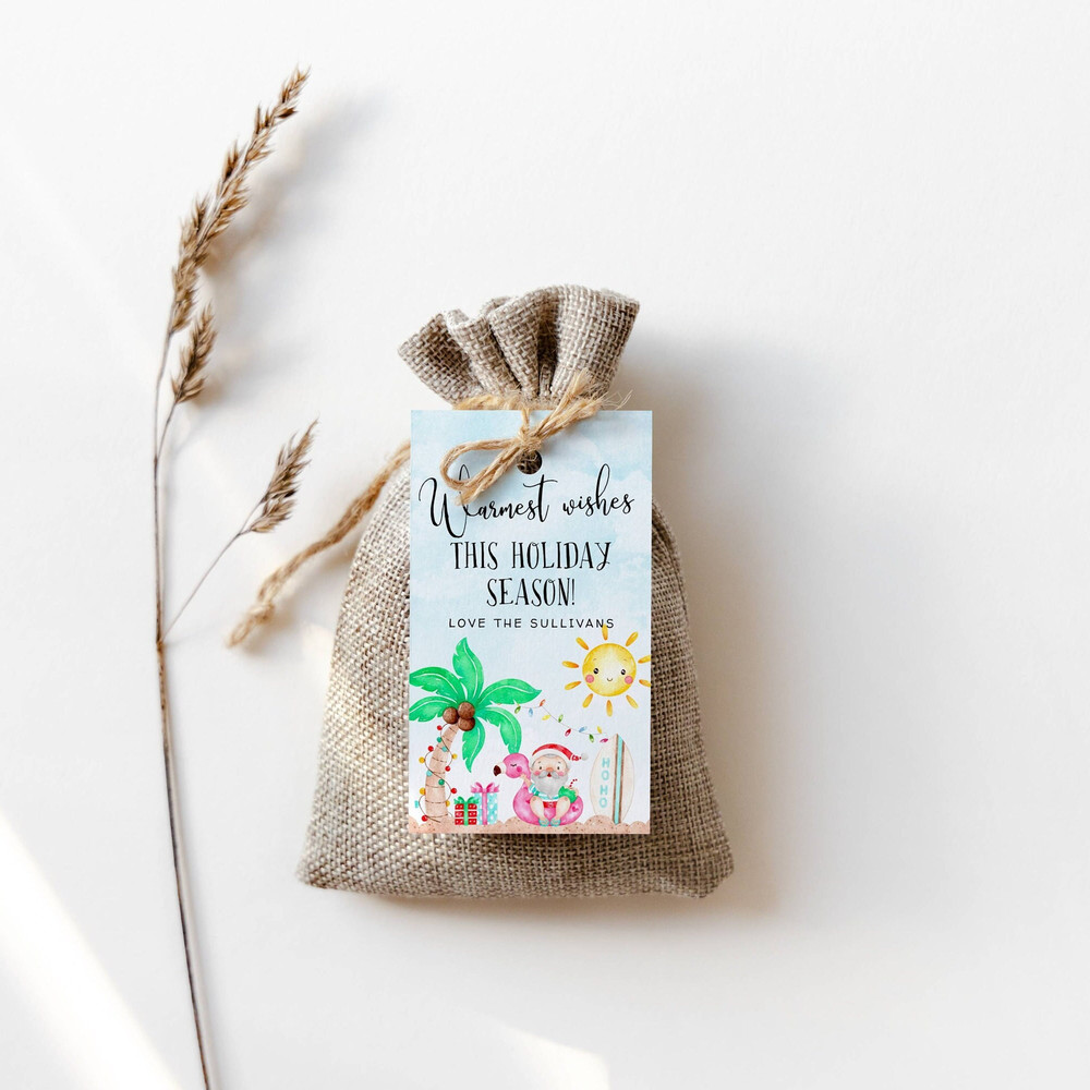 Tropical Christmas Gift Tag Template, Printable Summer Holiday Party Favor Tag, Warmest Wishes Tag, Beach Christmas Tags, Instant Download - 2.jpg