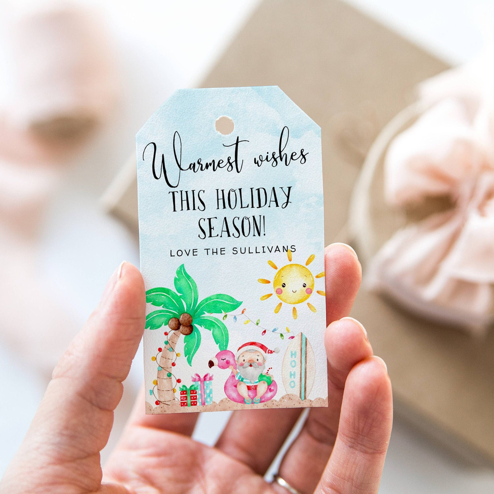 Tropical Christmas Gift Tag Template, Printable Summer Holiday Party Favor Tag, Warmest Wishes Tag, Beach Christmas Tags, Instant Download - 3.jpg