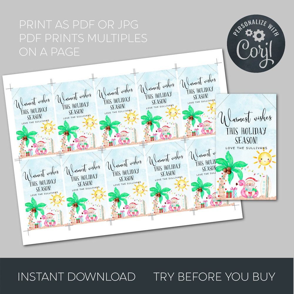 Tropical Christmas Gift Tag Template, Printable Summer Holiday Party Favor Tag, Warmest Wishes Tag, Beach Christmas Tags, Instant Download - 7.jpg