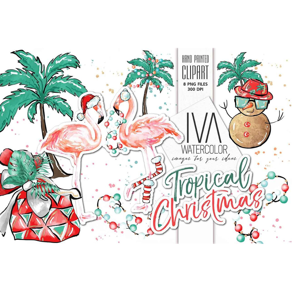 Watercolor Tropical Flamingo Christmas Clipart, Summer Xmas Patterns - 1.jpg