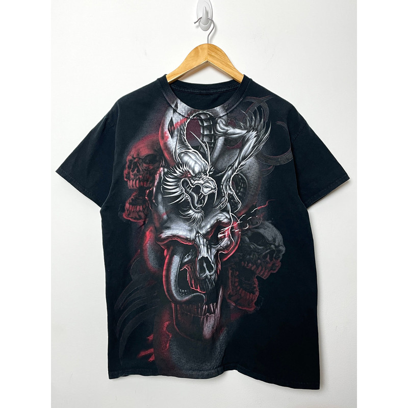 Vintage Early 2000s Y2K Skull Dragon Graphic Tee Shirt (size adult Medium) - 1.jpg