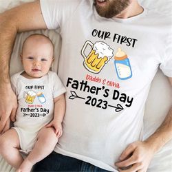 Custom Dad & Baby Drinking Matching Shirt, Our First Father's Day Tee, Father's Day Daddy And Baby Outfit, New Dad Shirt