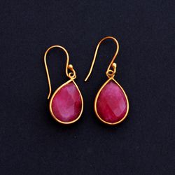 teardrop ruby drop dangle earrings for women, dyed ruby gemstone and 925 sterling silver handmade unique jewelry