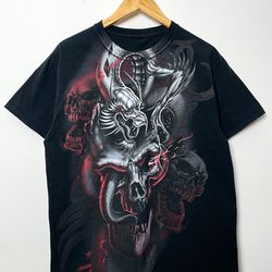 vintage early 2000s y2k skull dragon graphic tee shirt (size adult medium)