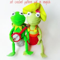 Set crochet pattern- amigurumi cute summer frog on vacation and Kermit the frog. Funny frog with movable paws. Frog toy.
