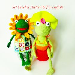 Set Crochet pattern pdf- Sunflower frog in dress and cute summer frog on vacation (or Kermit the frog). Amigurumi frog.