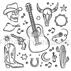 COUNTRY FEST SYMBOLISM MONOCHROME Western Music Objects
