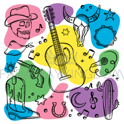 COUNTRY FEST SYMBOLISM Western Music Vector Illustration Set