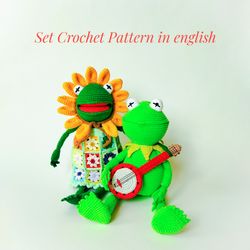 Set crochet pattern PDF- Kermit the frog and the sunflower frog in a dress. Amigurumi pattern pdf frog with movable legs