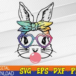 Cute Bunny With Bandana Heart Glasses Bubblegum Easter Day Raglan Baseball Svg, Eps, Png, Dxf, Digital Download