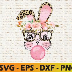cute-bunny-with-leopard glasses-bubblegum easter day svg, eps, png, dxf, digital download
