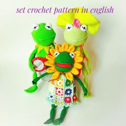 Set crochet pattern PDF- Three cute amigurumi frogs- Kermit Frog, Miss Froggie, Sunflower Frog. Amigurumi pattern pdf.