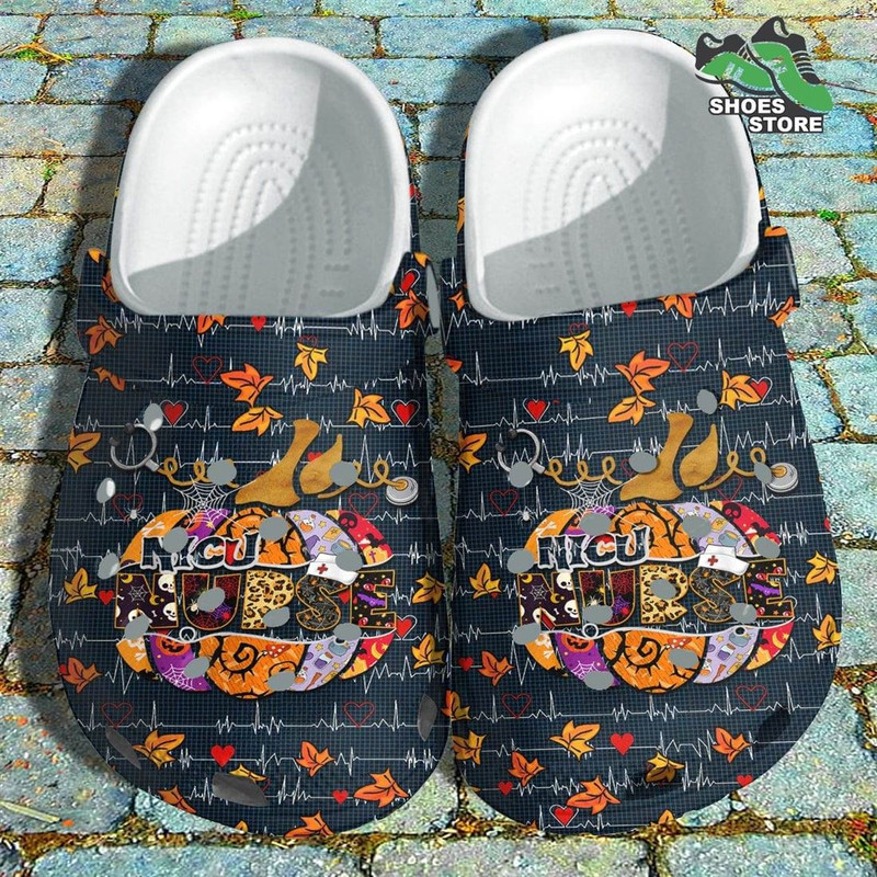 Autumn NICU Nurse Pumpkin Crocs, Hear Beat Nurse Life Crocs.jpg