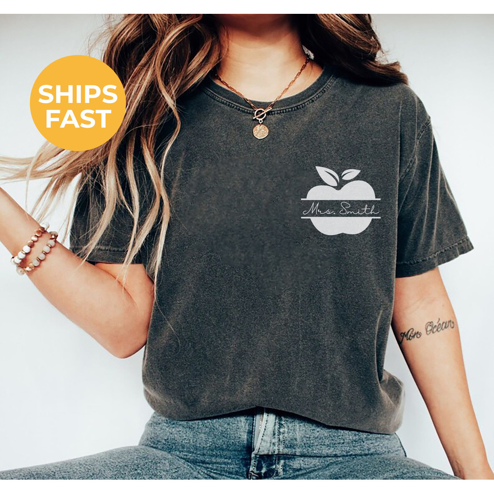 Custom Teacher Name Shirt, Personalized Comfort Colors Teacher Tee, Teacher Pocket Apple Teacher T-Shirt, Gift for Teacher, Back to School - 1.jpg