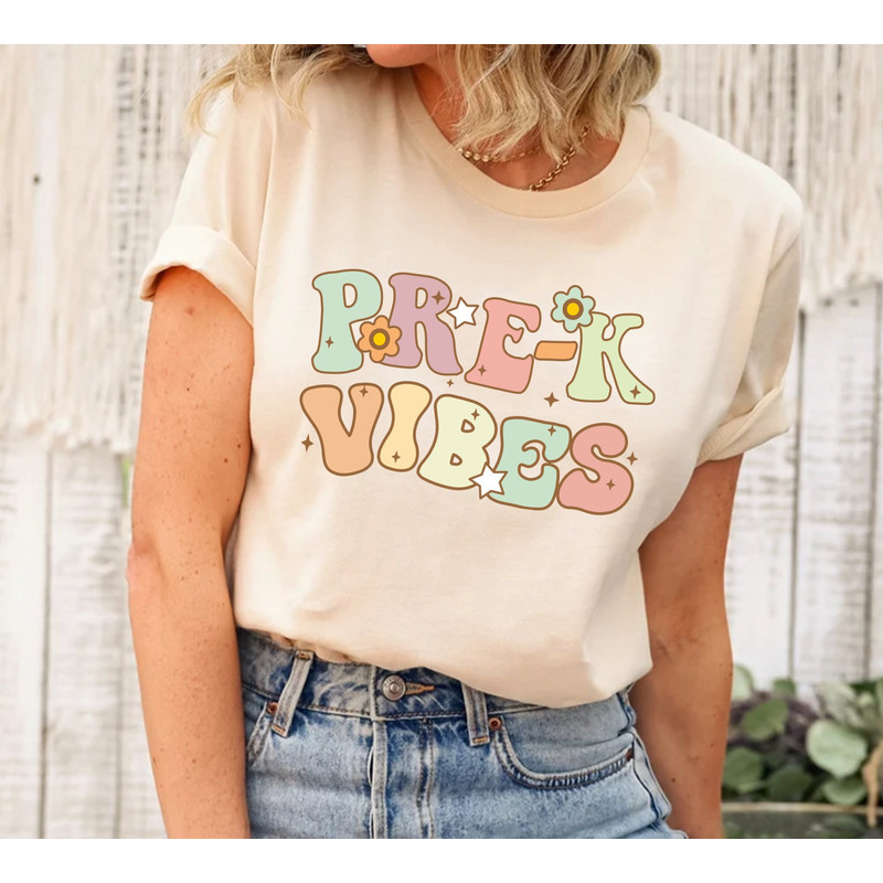 Pre-K Teacher Shirts, Pre Kindergarten Vibes teacher tee, Elementary back to school Retro Vintage PreK teach gift grade level cute vibes - 1.jpg