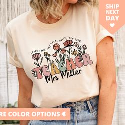 wildflower teacher name shirt, custom teacher tshirt, personalized teacher t shirt, gift for teacher, cute teacher tee,