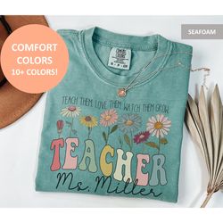 custom teacher name shirt, personalized retro comfort colors teacher tee, vintage flower gift for back to school teacher