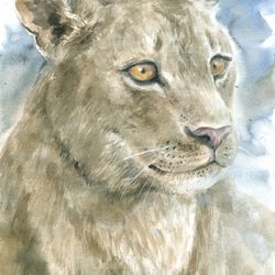 Watercolor artwork painting Portrait of a lioness