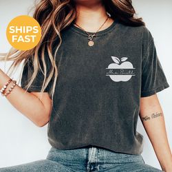 custom teacher name shirt, personalized comfort colors teacher tee, teacher pocket apple teacher t-shirt, gift for teach