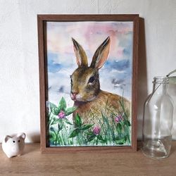 Watercolor artwork painting Hare in clover
