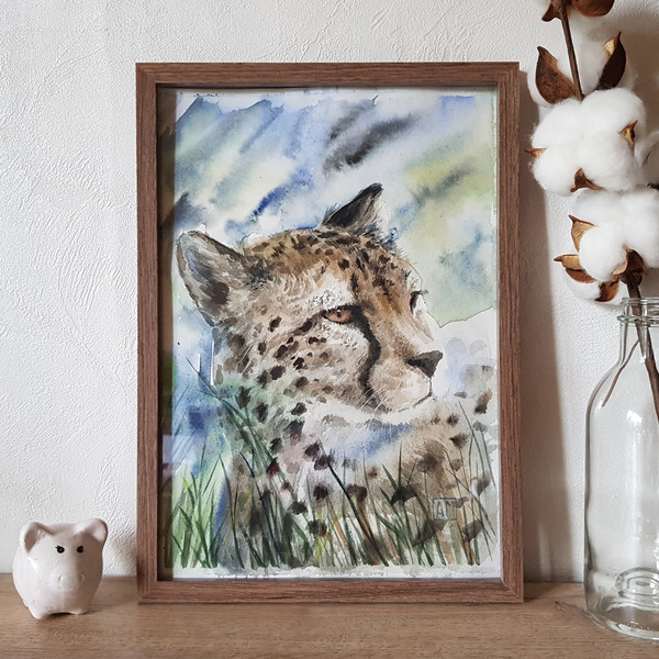 01 Watercolor artworkl painting in a frame -  Portrait of a cheetah  8.2 - 11.6 in ( 21-29,7cm )..jpg