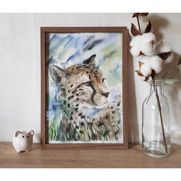 1 Watercolor artworkl painting in a frame -  Portrait of a cheetah  8.2 - 11.6 in ( 21-29,7cm )..jpg