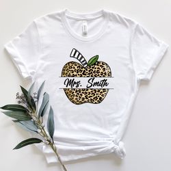 leopard apple mrs shirt, personalized teacher shirt, leopard teacher shirt, teacher life,customized name teacher shirt,c