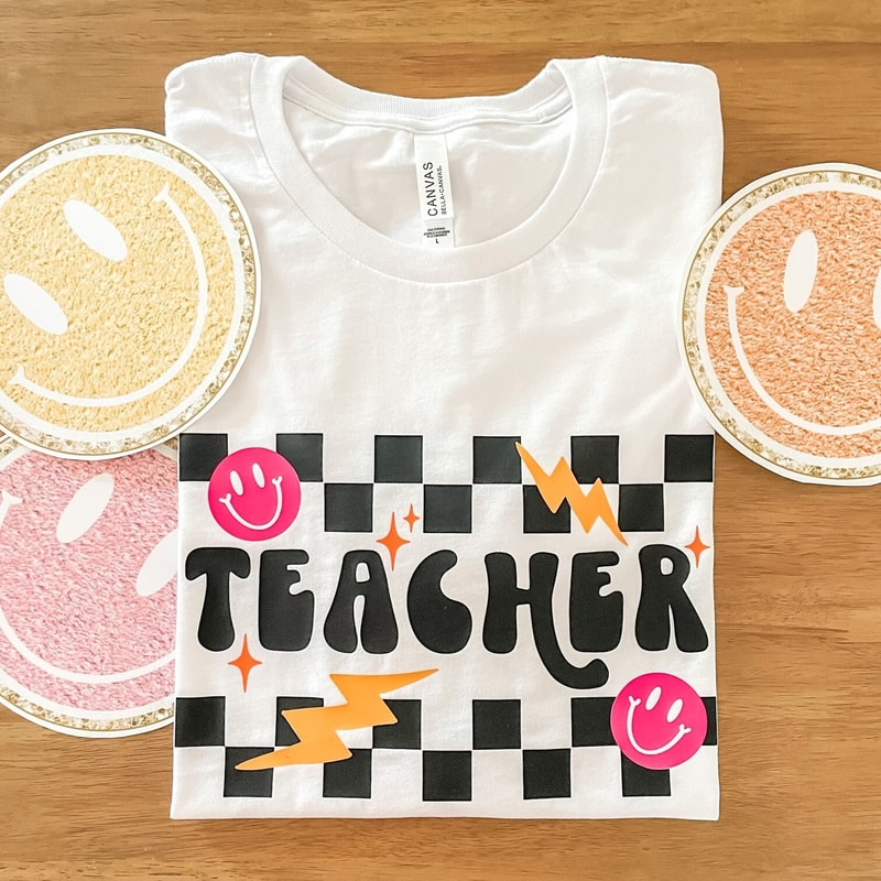 Teacher Checkered Tee, Adult Unisex Bella Canvas T-Shirt, White, Short Sleeve Shirt, Trendy Top, Retro, Gift, Teacher Mode, Back to School - 1.jpg